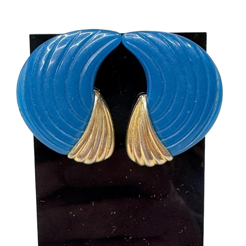 Vintage Trifari Blue Gold Fan Pierced Earrings Statement Signed 1.5" MCM Modern
